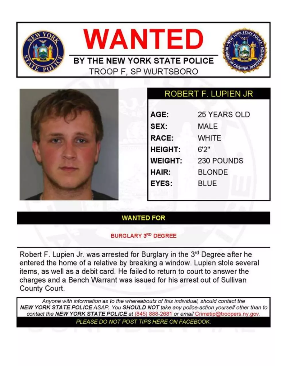 Warrant Wednesday: Sullivan County Man Wanted For Burglary