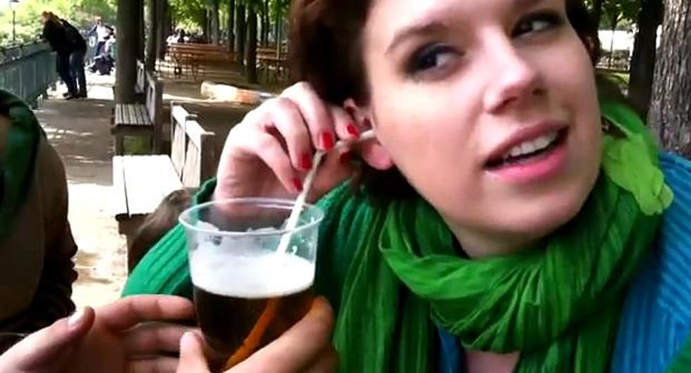 Girls Drinks Beer Through Her Ear