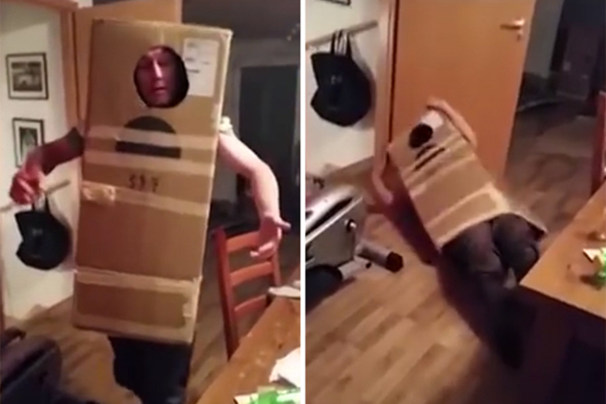 Drunk Scottish Guy Can't Get Out of a Cardboard Box