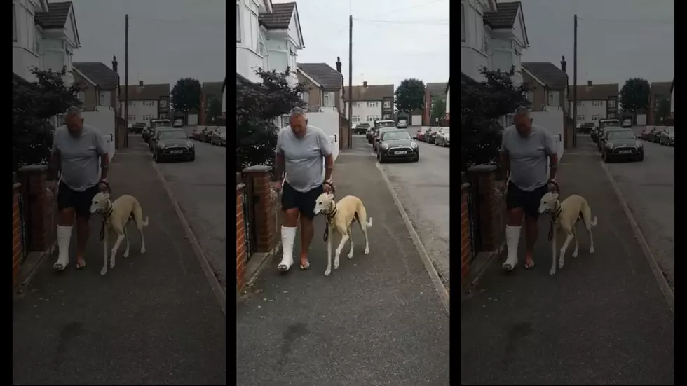 A Dog Limps With His Owner Who&#8217;s on Crutches