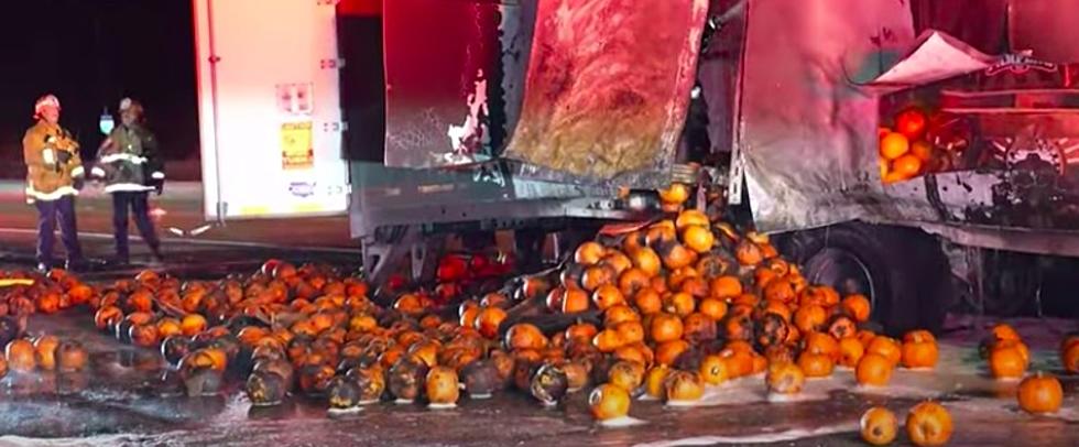 California Semi-truck Filled With Pumpkins Bursts Into Flames