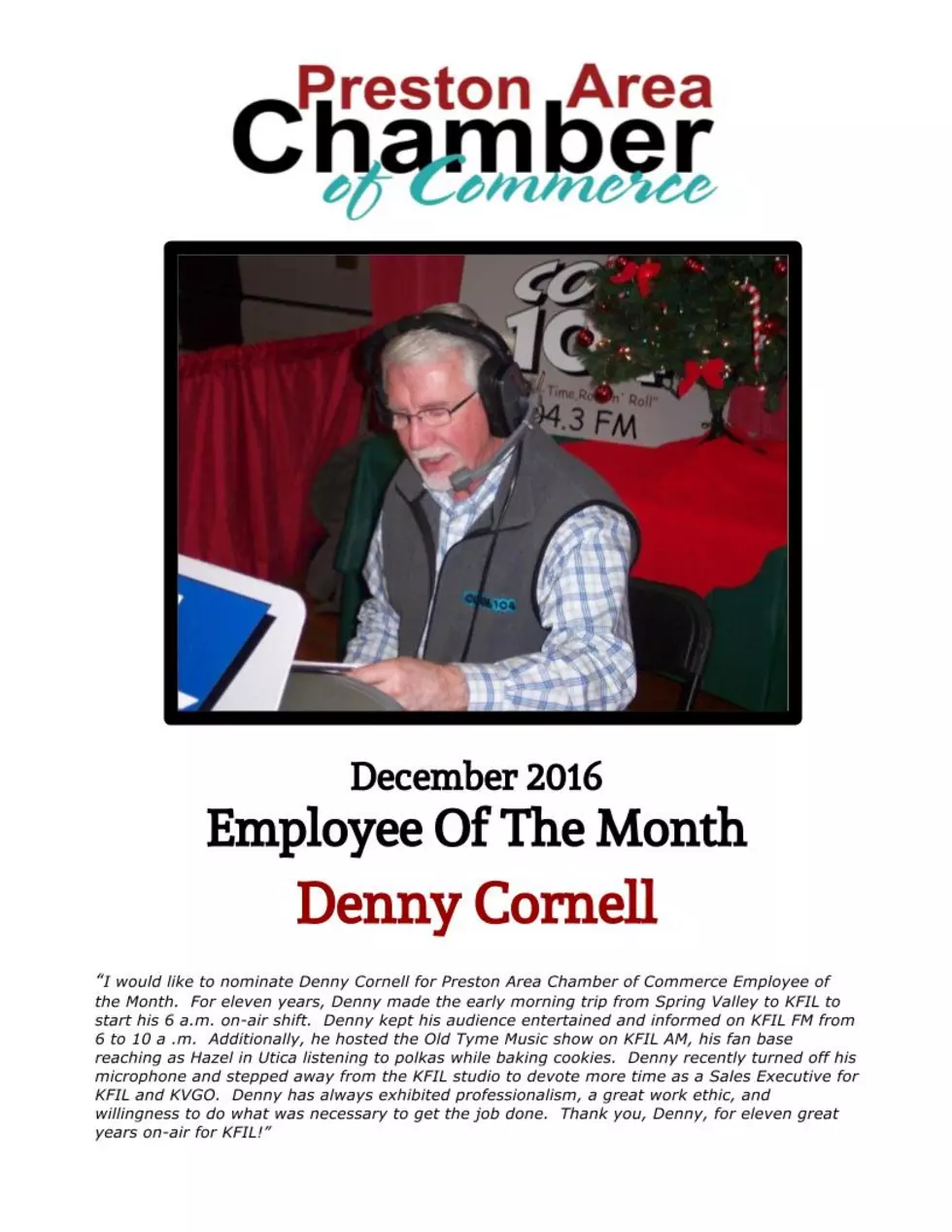 KFIL’s Denny Cornell is Preston Area Chamber’s Employee of the Month