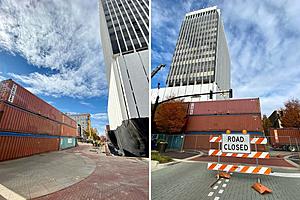 Shipping Containers Placed Around Downtown Evansville IN Building...