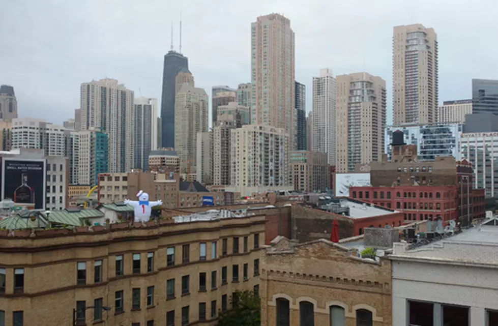Stay Puft Marshmallow Man Hanging Out on a Chicago Rooftop