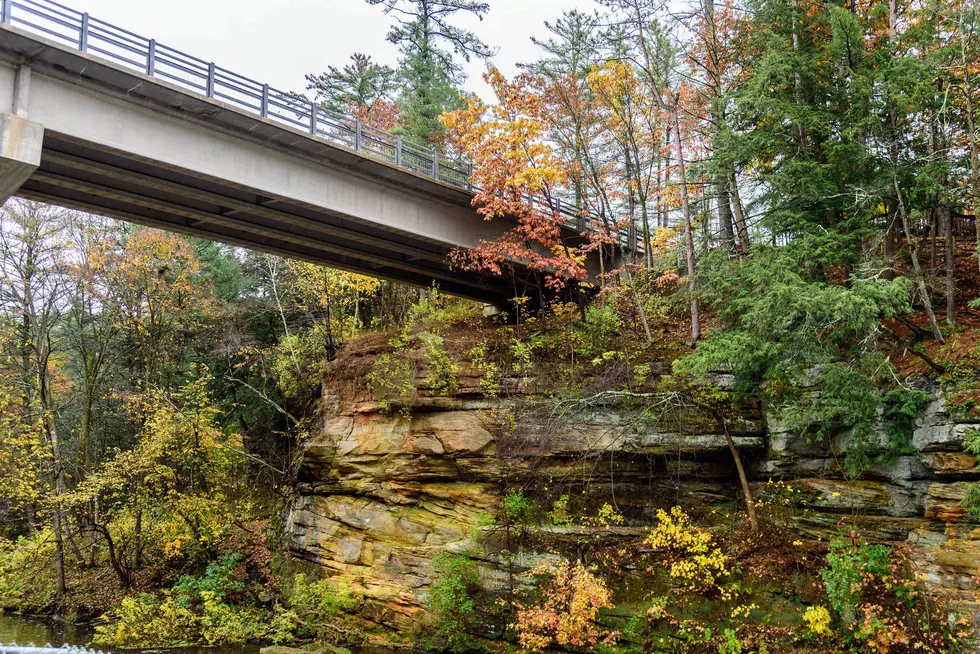 Bridge over sandstone rock cliffs in Wisconsin Dells area