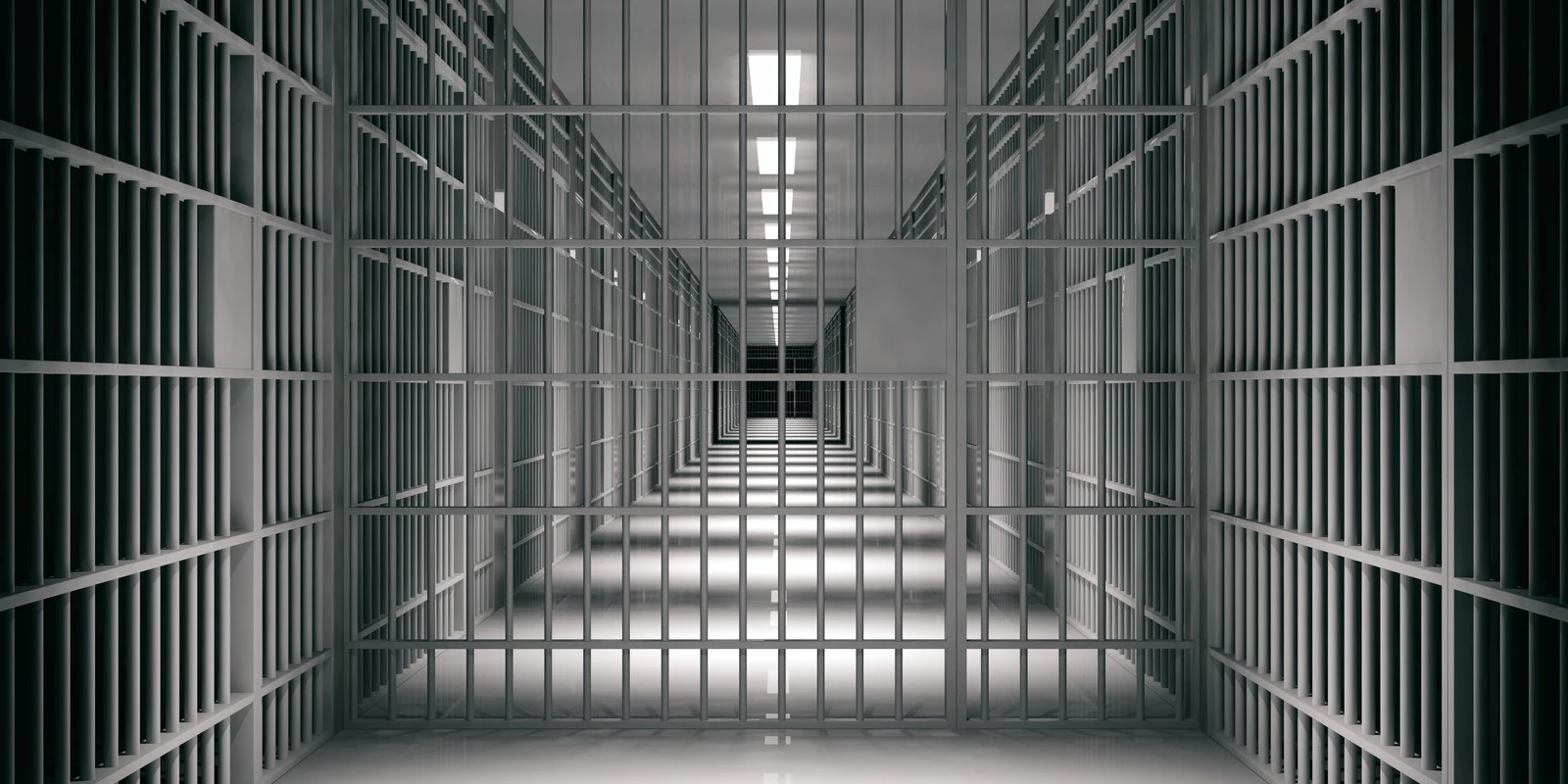 Prison interior. Jail cells and shadows, dark background. 3d illustration