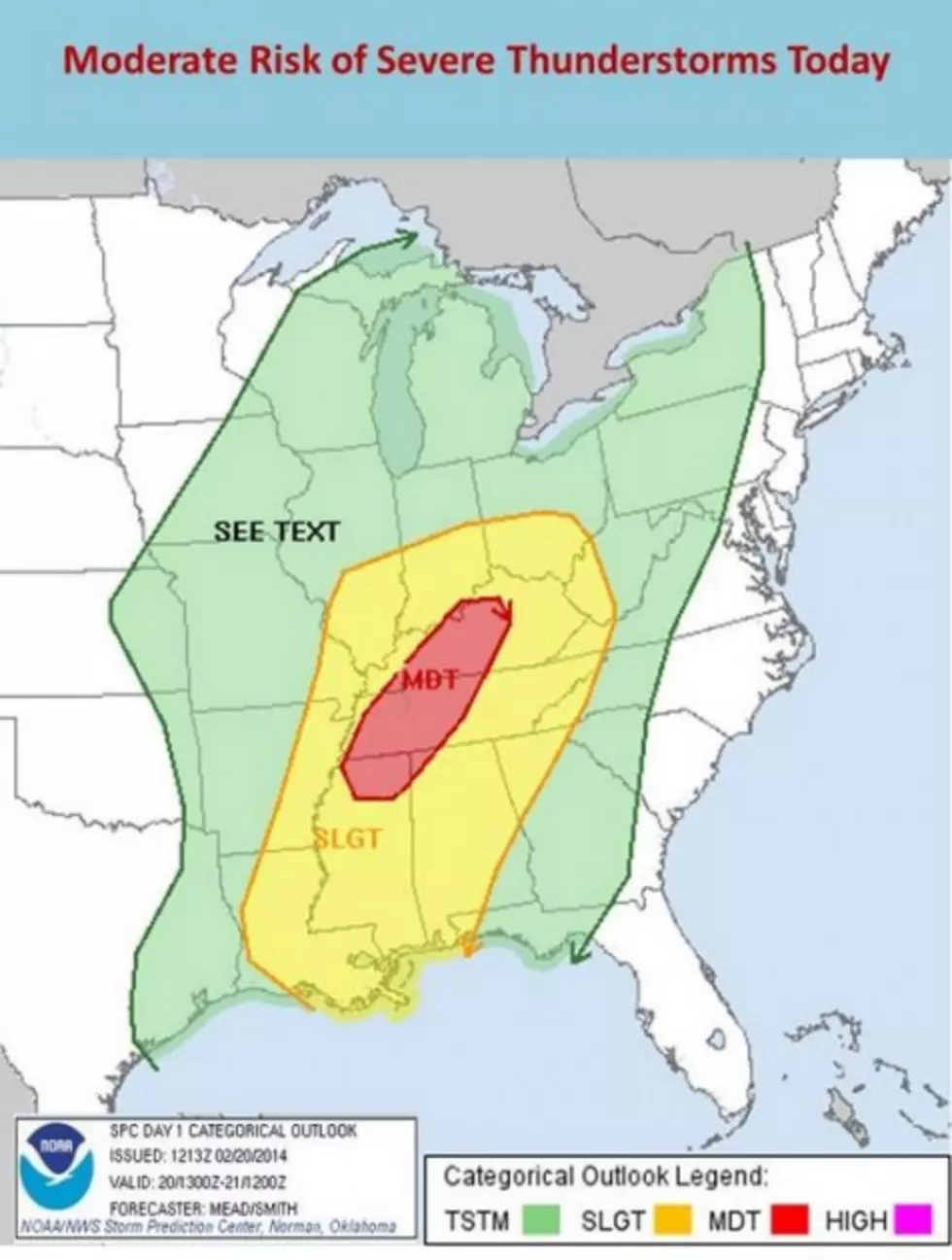 Moderate Risk of Severe Thunderstorms Today &#8211; Thursday, February 20, 2014