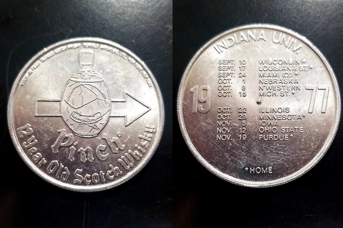 1977 Indiana Football Schedule on a Pinch Whisky Token