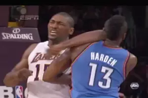 Video: Metta World Peace With a Vicious Elbow to James Harden's Head