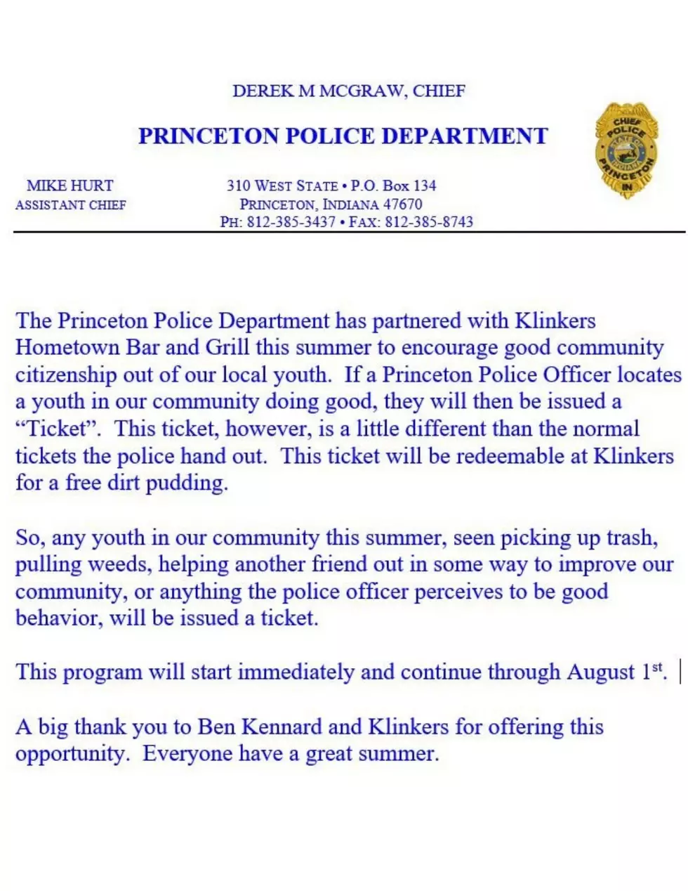 PRINCETON, IN POLICE DEPARTMENT ANNOUNCEMENT COMMUNITY PROGRAM