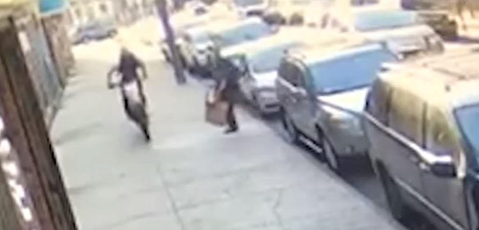 New York Man Nearly Hits Woman While Riding Dirt Bike on Sidewalk!