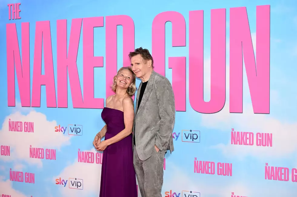 Liam Neeson and Pamela Anderson promoting The Naked Gun (2025)