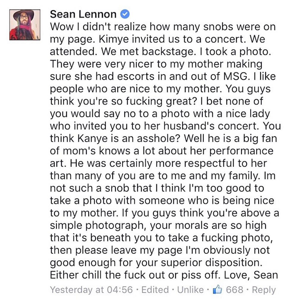 John Lennon&#8217;s Son Defends Kanye West After Attending Saint Pablo Tour With His Mom, Yoko Ono