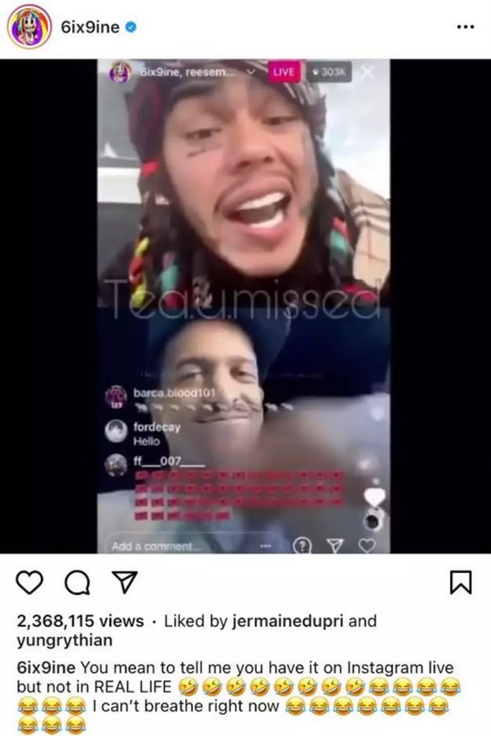 6ix9ine reacts to Lil Reese shooting