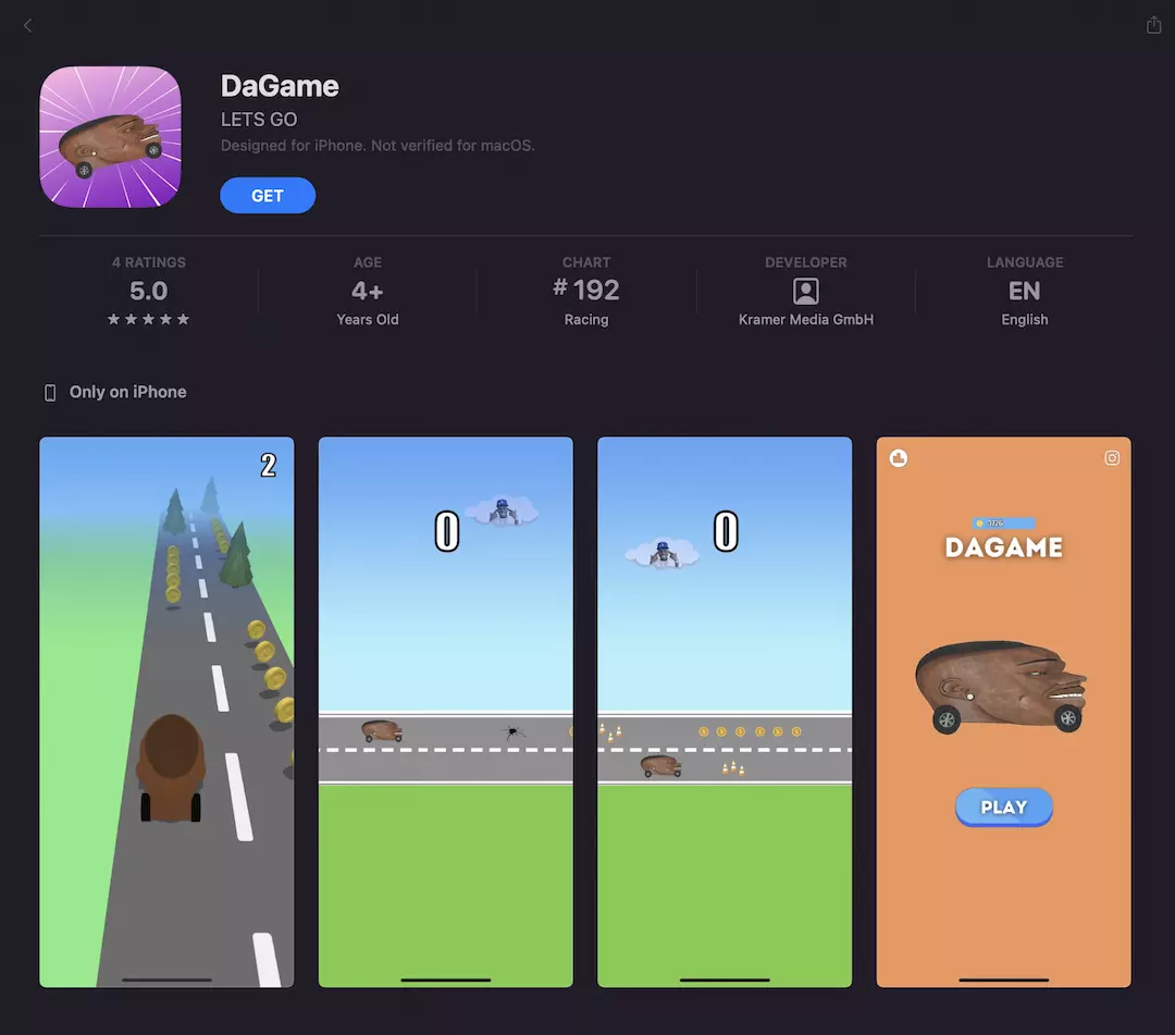 O videogame DaGame apresenta a cabeça de DaBaby como um carro.