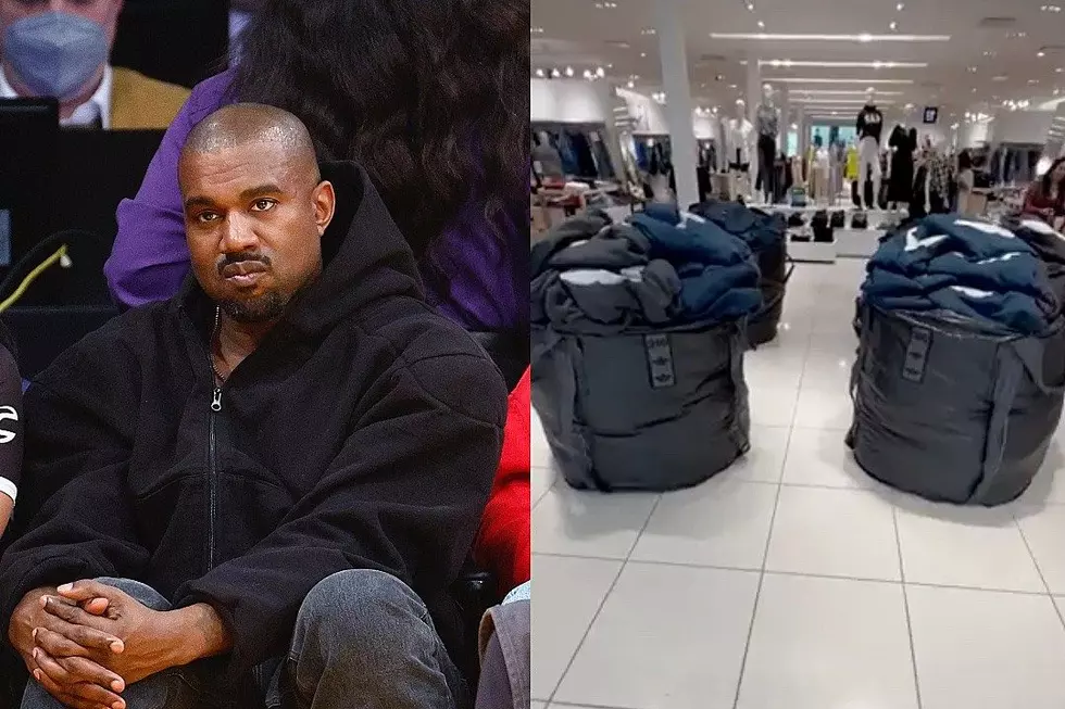 Kanye West Yeezy Gap collection displayed in bag on floor.