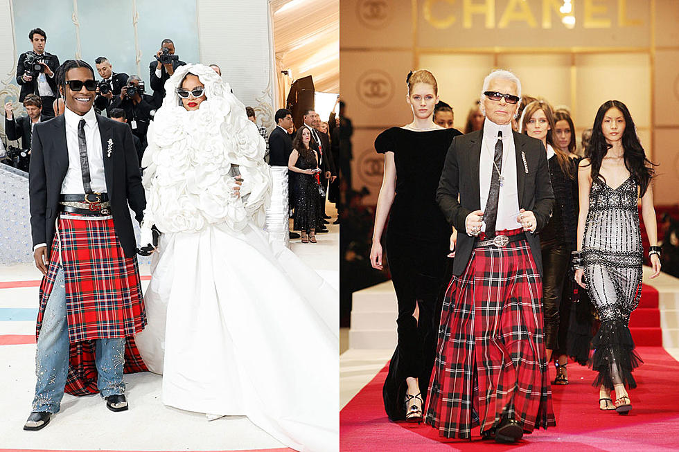 ASAP Rocky Dresses in Skirt Like Fashion Designer Karl Lagerfeld at 2023 Met Gala With Rihanna