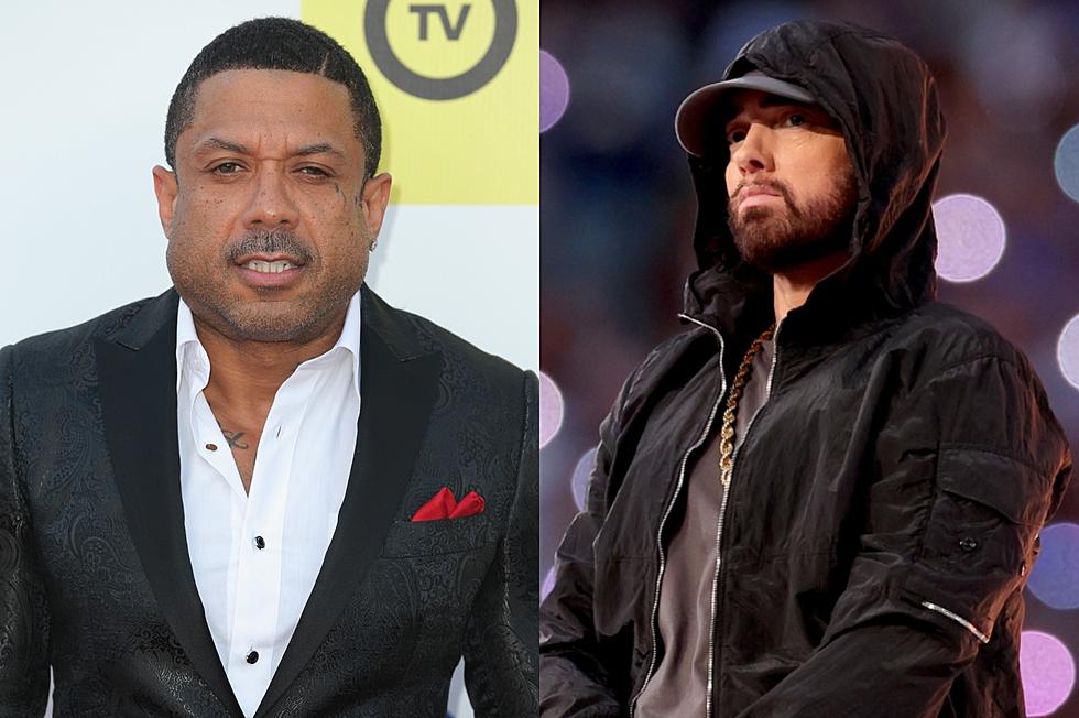 Record producer Benzino attends the 47th NAACP Image Awards presented by TV One at Pasadena Civic Auditorium. Eminem performs during the Pepsi Super Bowl LVI Halftime Show at SoFi Stadium.
