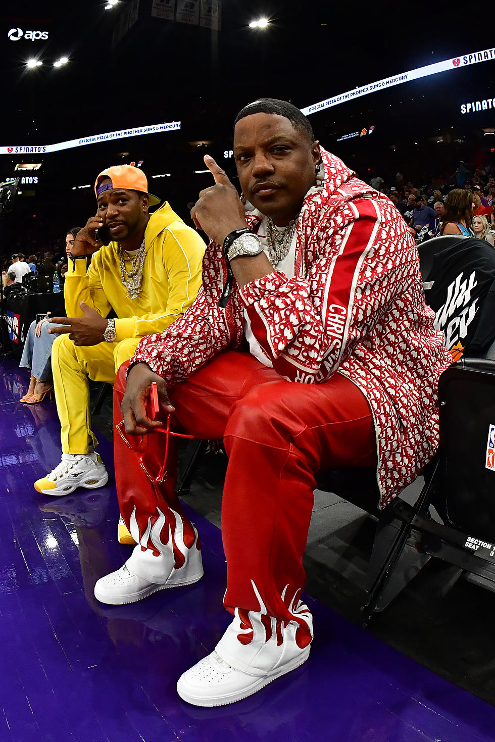 PHOENIX, AZ - MAY 7: Cam'ron and Mase sit court side during the game between the Denver Nuggets and the Phoenix Suns during the Western Conference Semi Finals of the 2023 NBA Playoffs on May 7, 2022 at Footprint Center in Phoenix, Arizona.