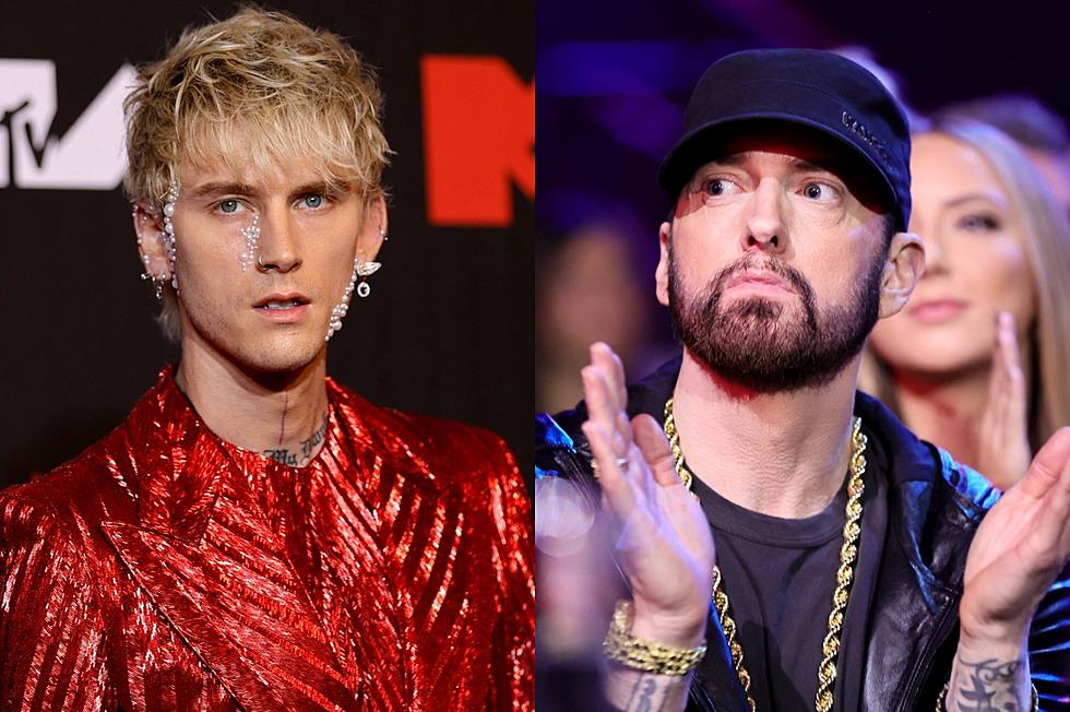 Machine Gun Kelly attends the 2021 MTV Video Music Awards at Barclays Center. Inductee Eminem attends the 37th Annual Rock & Roll Hall of Fame Induction Ceremony at Microsoft Theater.