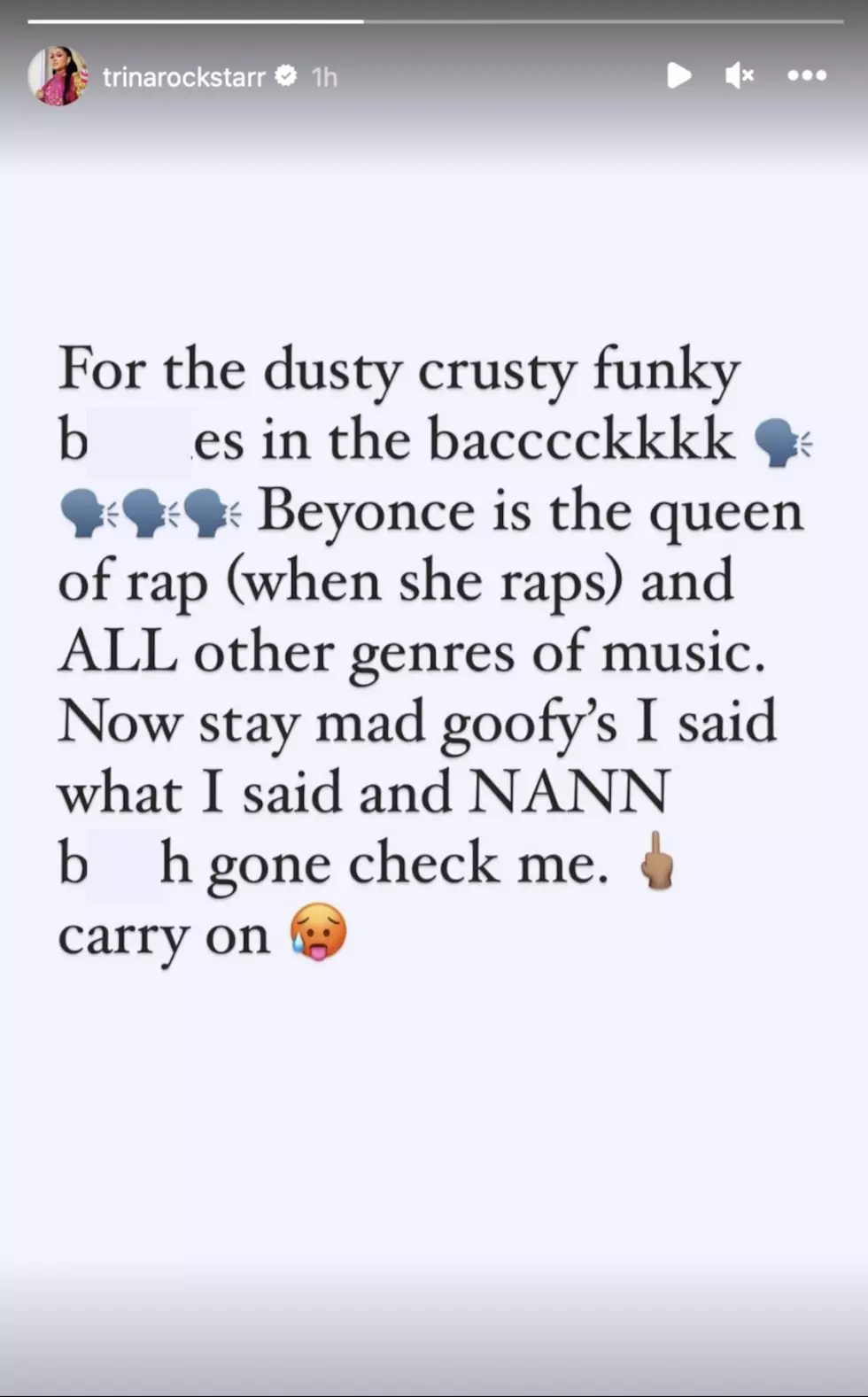 Trina responds to the backlash over her Beyonce comment on her Instagram Story.