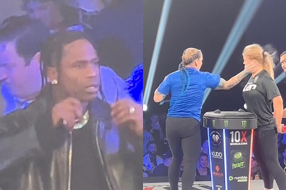 Travis Scott Looks Hilariously Confused After Witnessing Woman Get Knocked Unconscious in Slap Competition