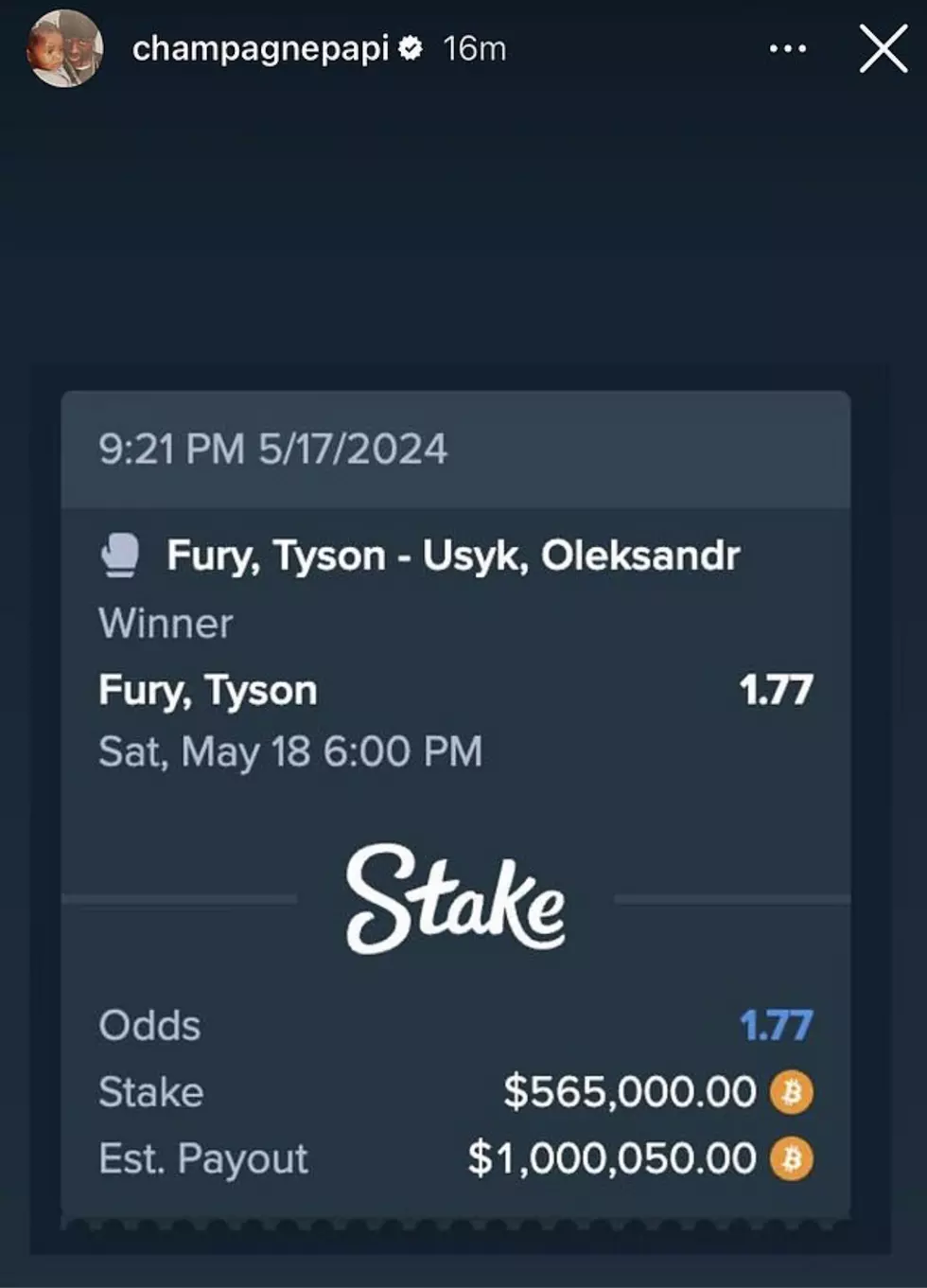 Drake bets on Tyson Fury to win his boxing match against Oleksandr Usyk.