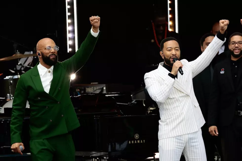 Musicians John Legend and Common perform during the opening of the Obama Presidential Center in the Jackson Park neighborhood of Chicago, Illinois, US, on Thursday, June 18, 2026. Intended as a celebration of the progress embodied by the nation's first Black leader, its Juneteenth unveiling comes at a time when his agenda - and broader diversity initiatives - are wilting from a decade of concerted attack.
