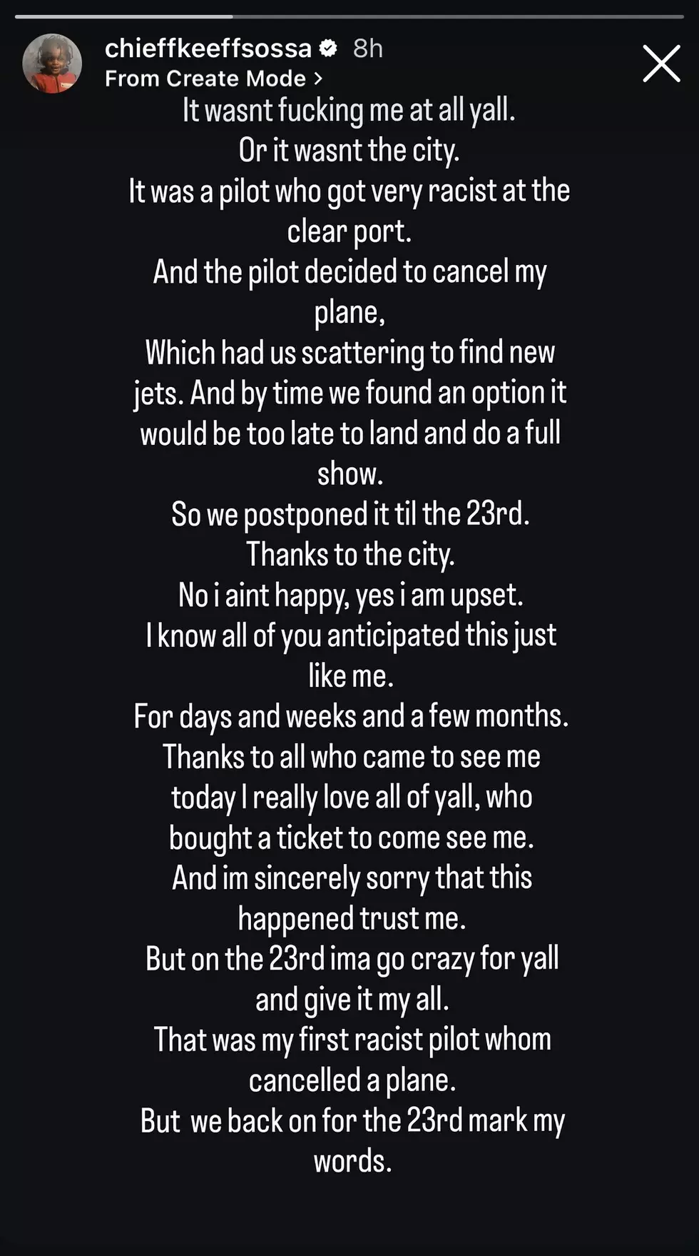Chief Keef explains cancelled show on his IG Story.
