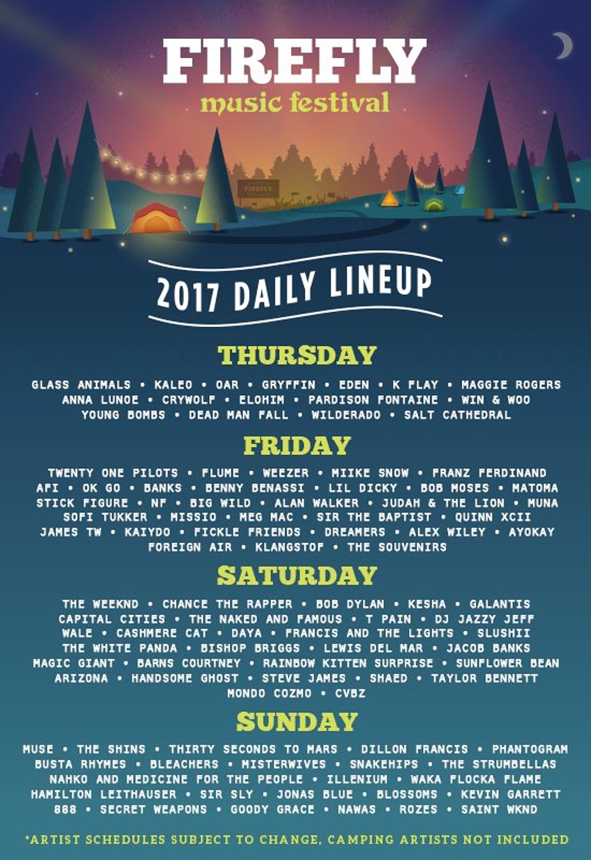 Firefly Music Festival 2017 daily lineups & singleday tickets