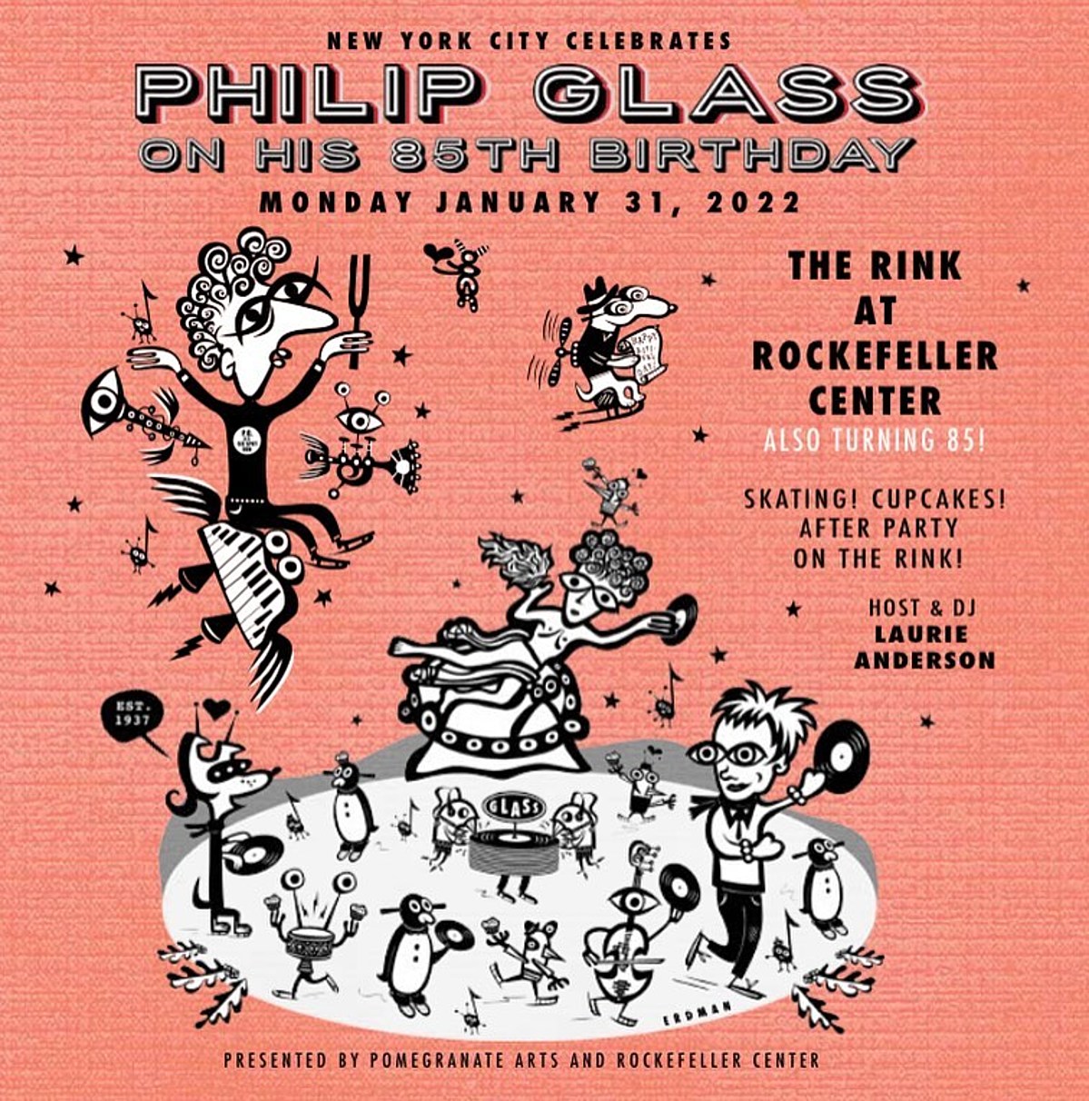 Laurie Anderson hosting Philip Glass' 85th birthday party at Rockefeller  Center Ice Rink
