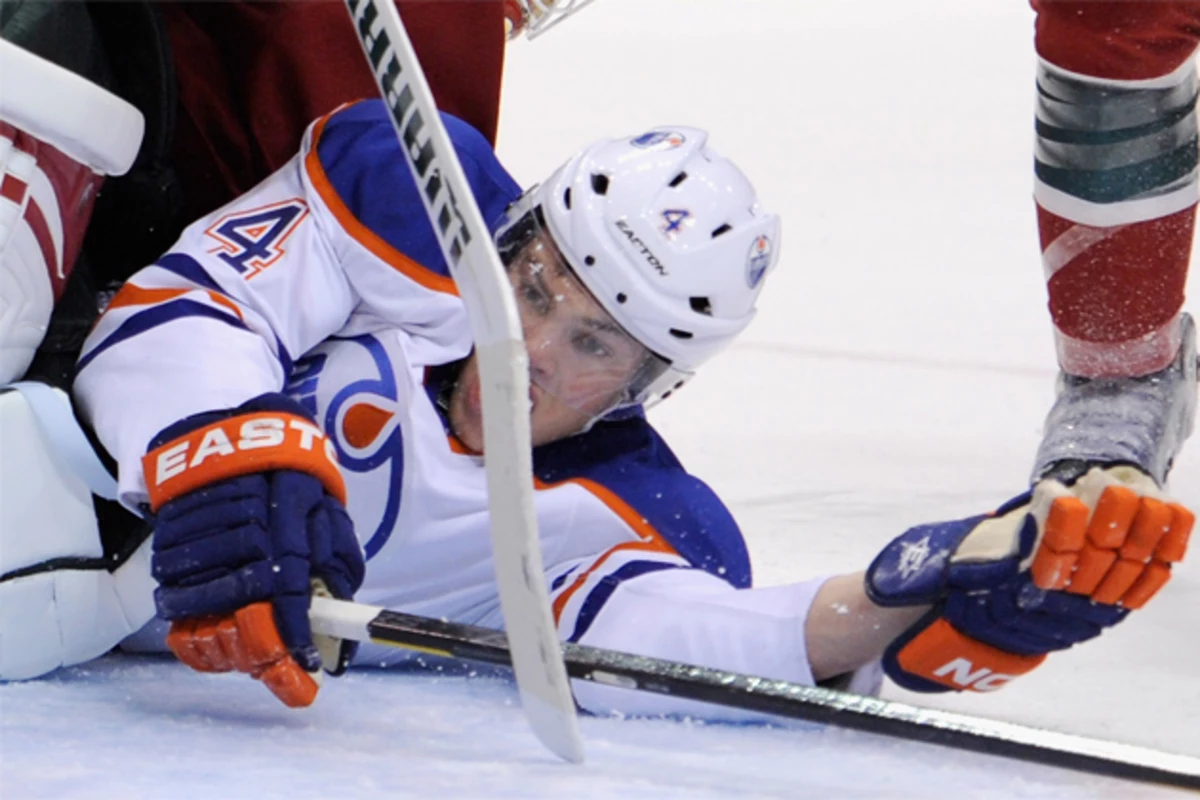 Taylor Hall Takes a Skate to the Face During Warmups (Video)