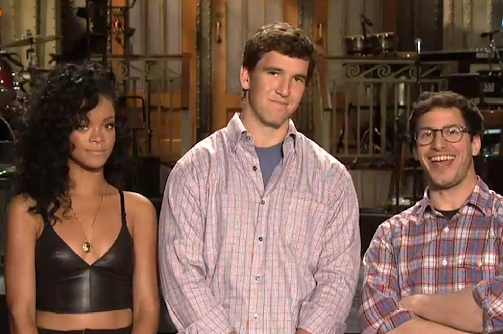 Rihanna Goes Long in ‘SNL’ Promo With Eli Manning + Andy Samberg