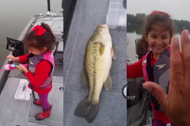 Little Girl and her Barbie Fishing Pole Catch Twenty-Inch Bass [VIDEO]