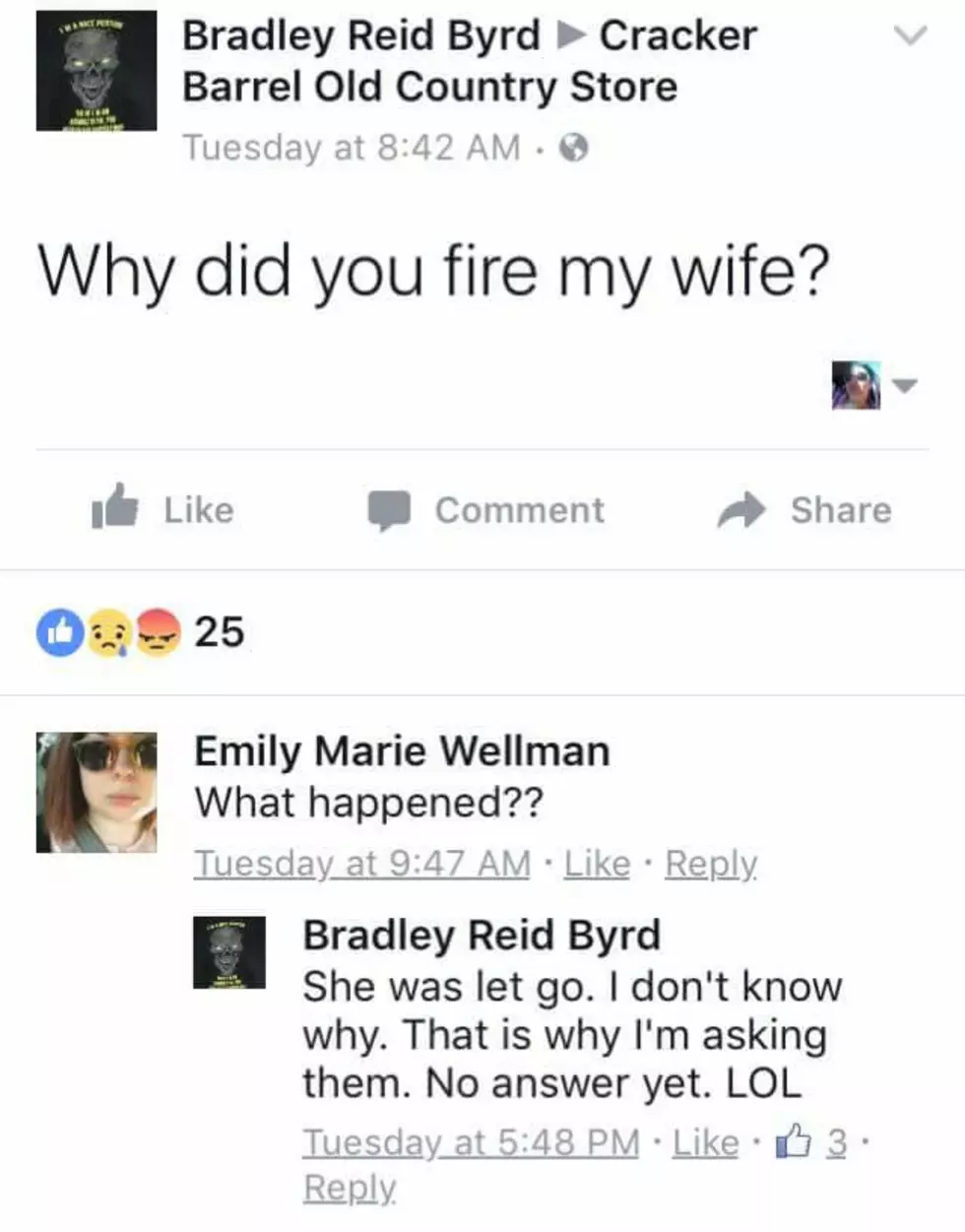 Cracker Barrel Fired Brads Wife The Internet Fallout Is
