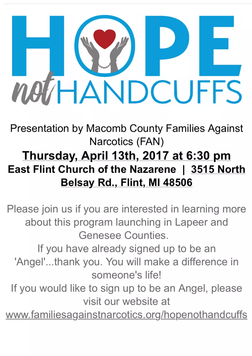 &#8216;Hope Not Handcuffs&#8217; Coming to Genesee and Lapeer Counties
