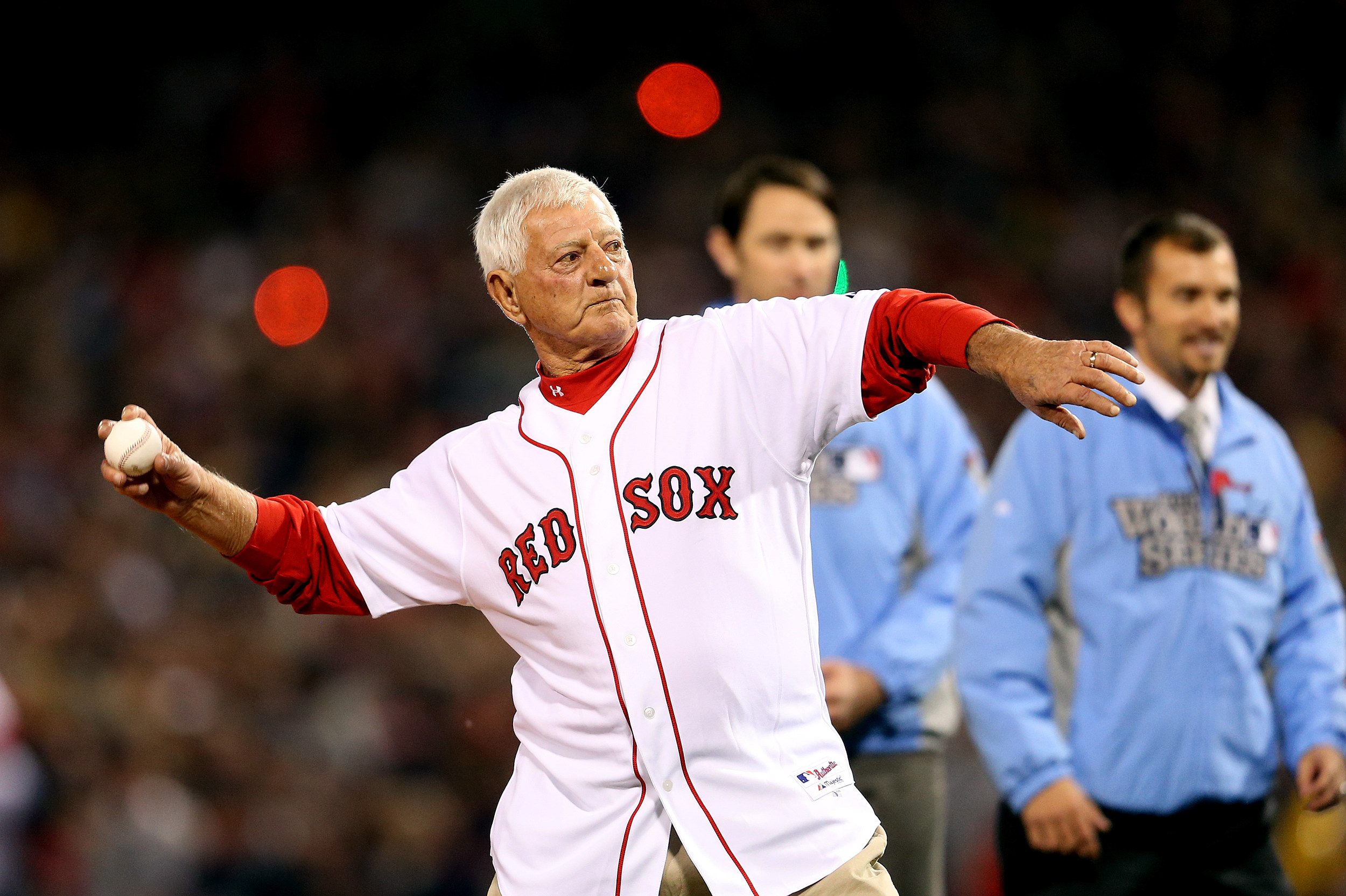 Red Sox player' Carl Yastrzemski throws a first pitch to his 29