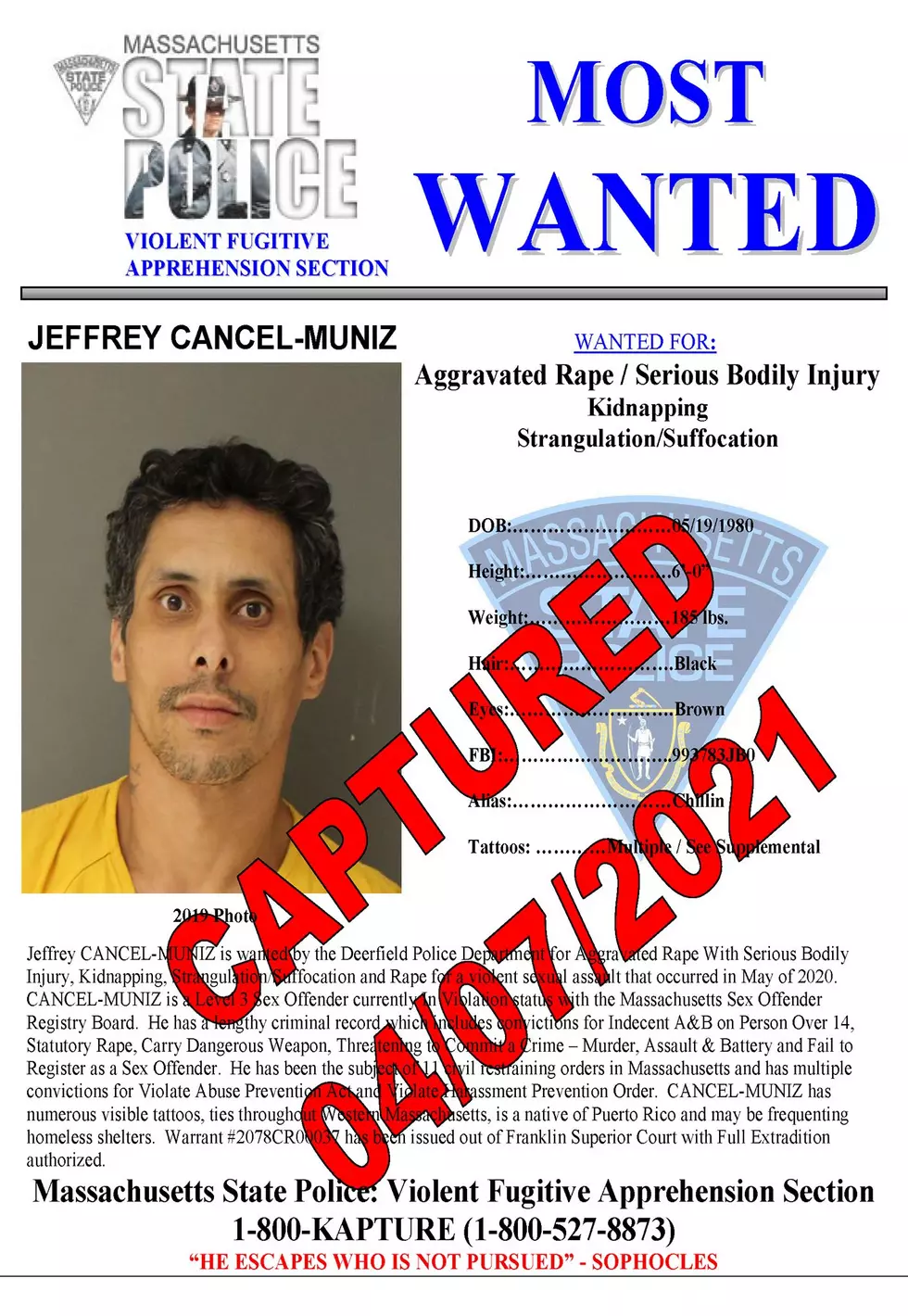 Rapist on Massachusetts “Most Wanted” List Captured