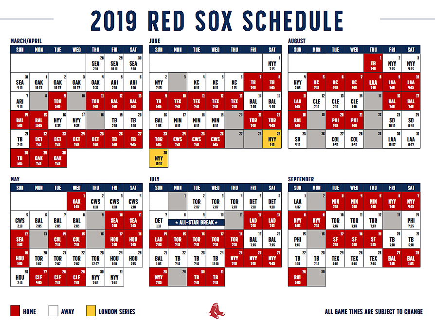 2019 Boston Red Sox Full Season Schedule