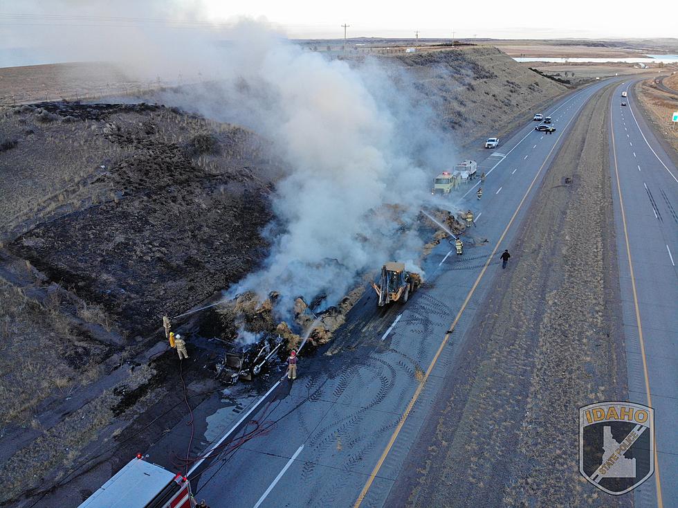 Truck Hauling Hay Destroyed by Fire on I-86 East of Burley