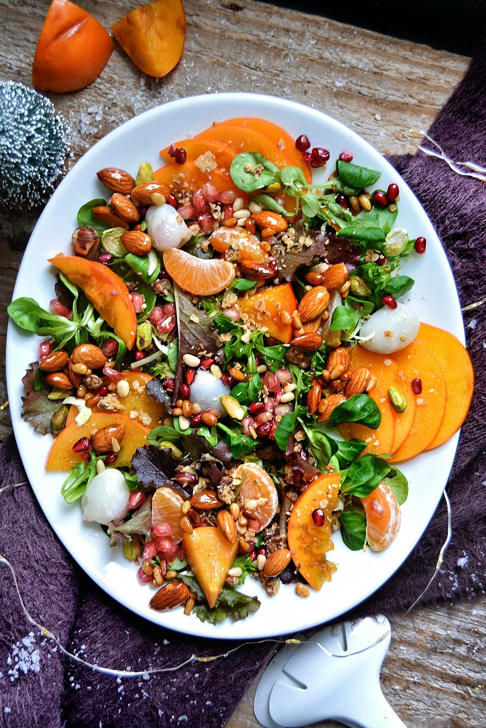 Vegan Persimmon, Pomegranate and Caramelized Almonds Salad