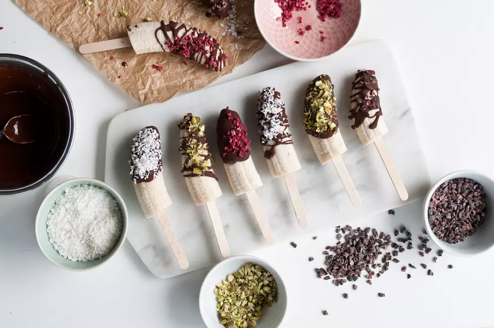 Banana Pops Dipped in Chocolate with Coconut, Pistachios or Hazelnuts