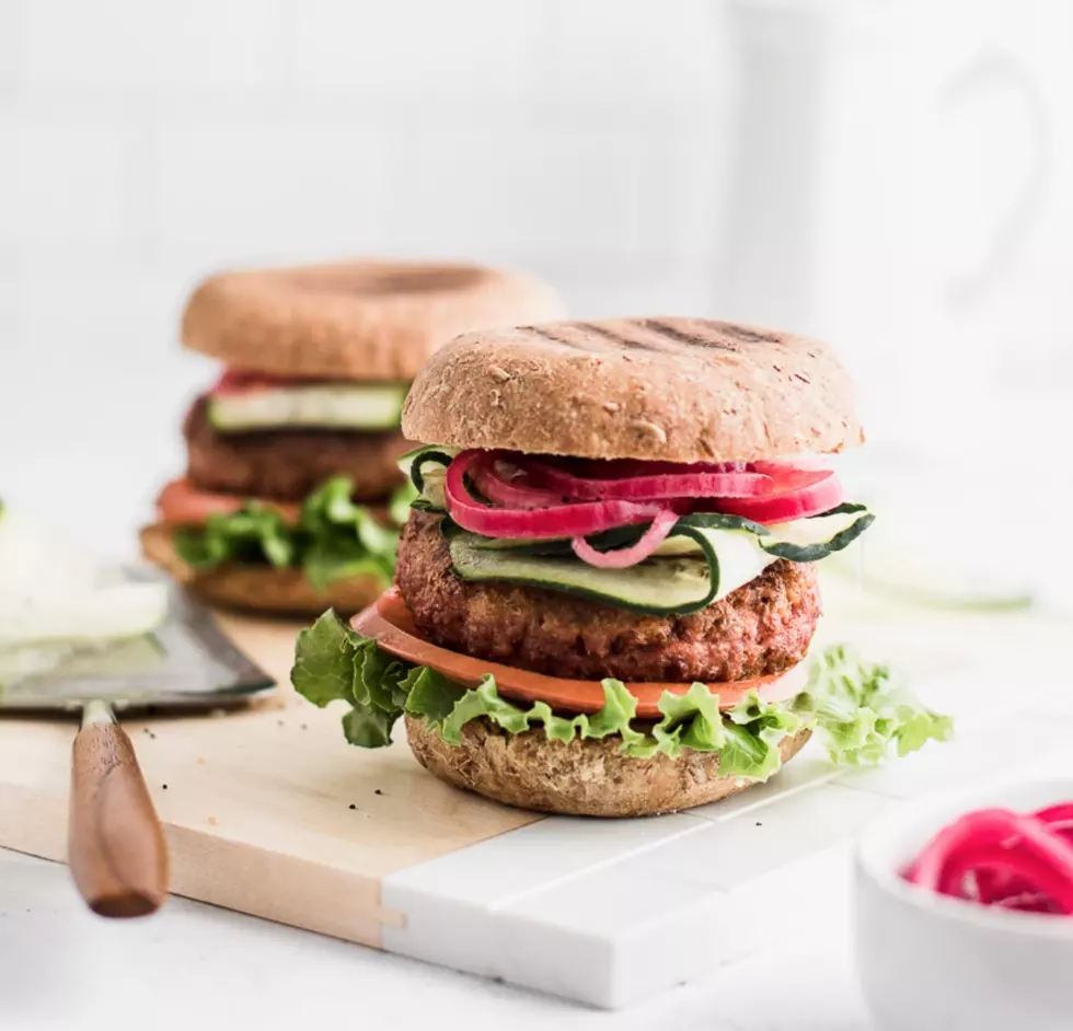 Plant-Based Burgers with Pickled Red Onions and Fresh Vegetables