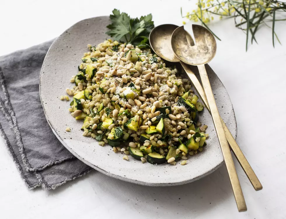 Zucchini and Barley Salad Topped With Grated Vegan Parmesan Cheese