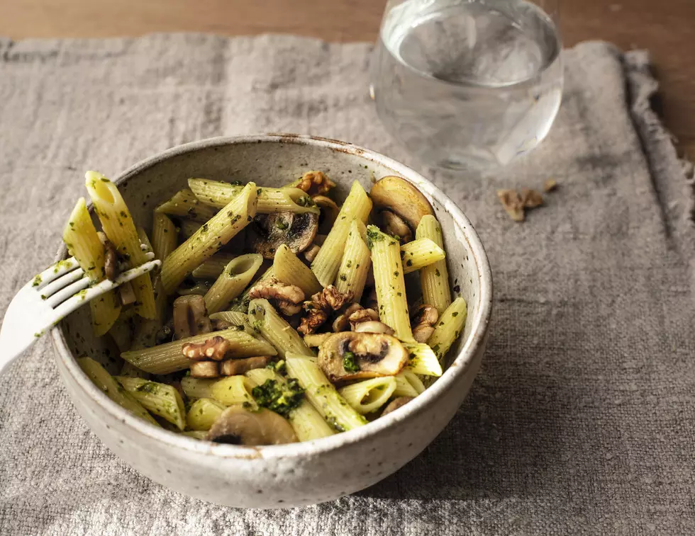 Walnut Pesto Pasta Packed with Fresh Greens and Mushrooms