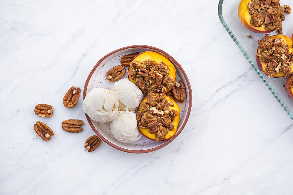 Vegan Pecan Peach Crumble with a Scoop of Dairy-Free Ice Cream