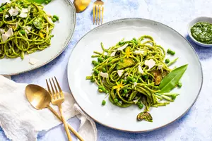 Spring Spaghetti with Wild Garlic Pesto and Roasted Zucchini