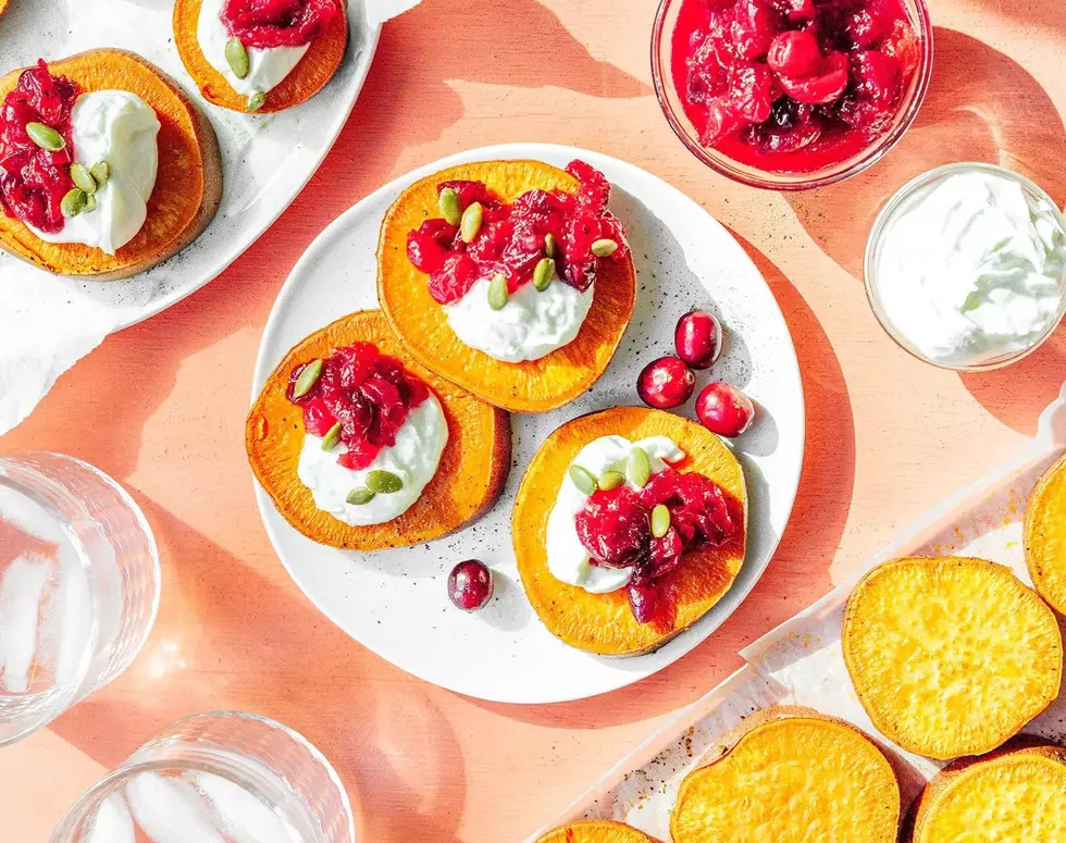 Loaded Sweet Potato Rounds With Vegan Goat Cheese and Cranberries