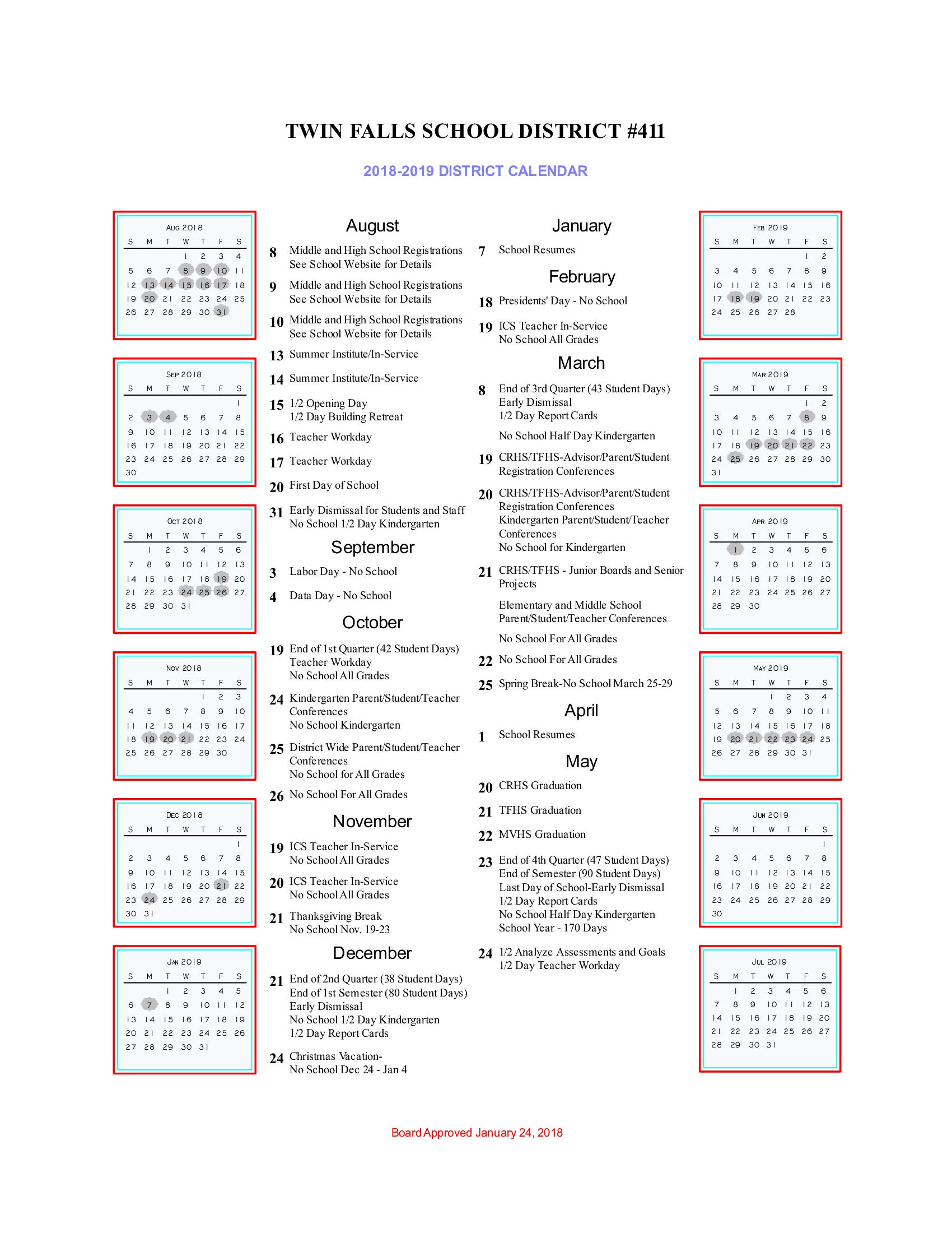 20182019 Twin Falls School District Calendar and Start Date