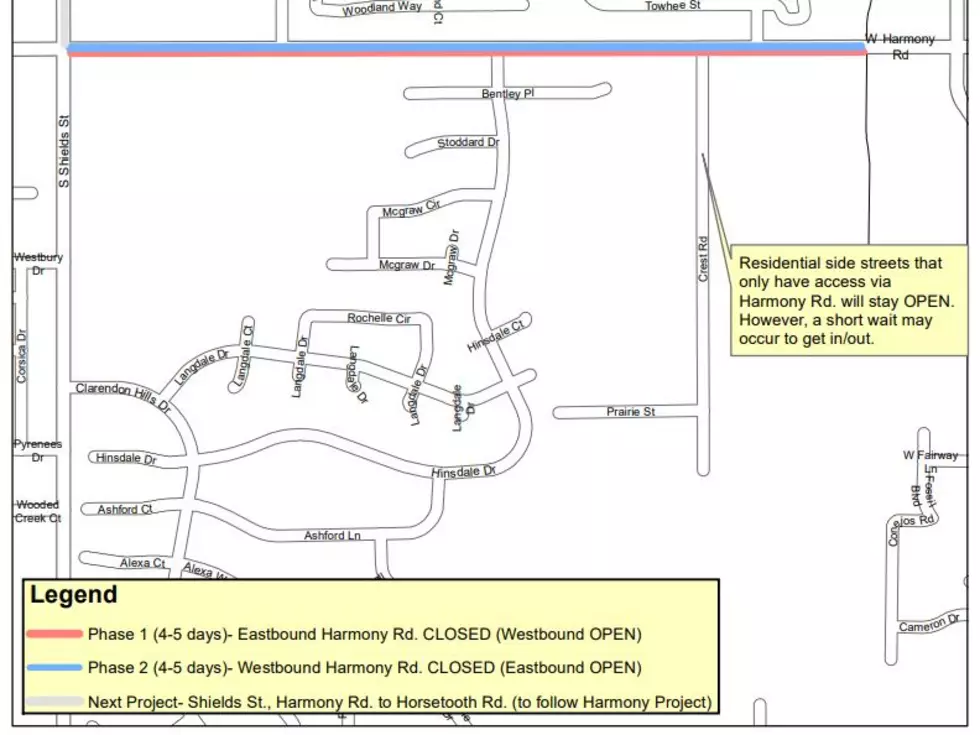 Upcoming Harmony Road closures. Courtesy of the City of Fort Collins.